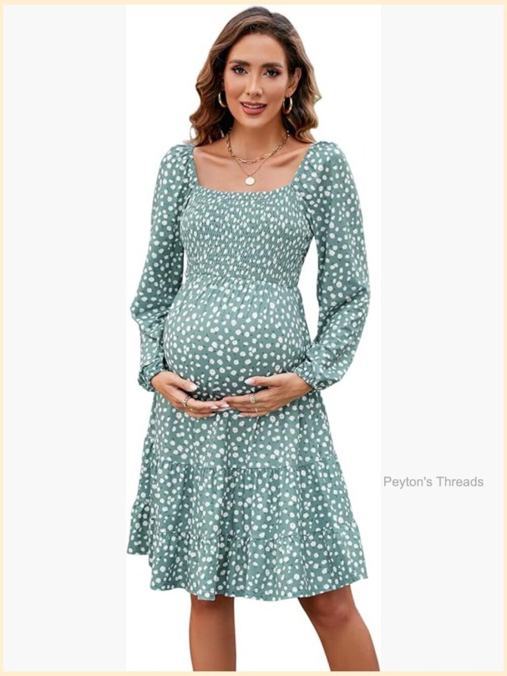 Maternity swing dress with puff sleeves square neck ruffle hem